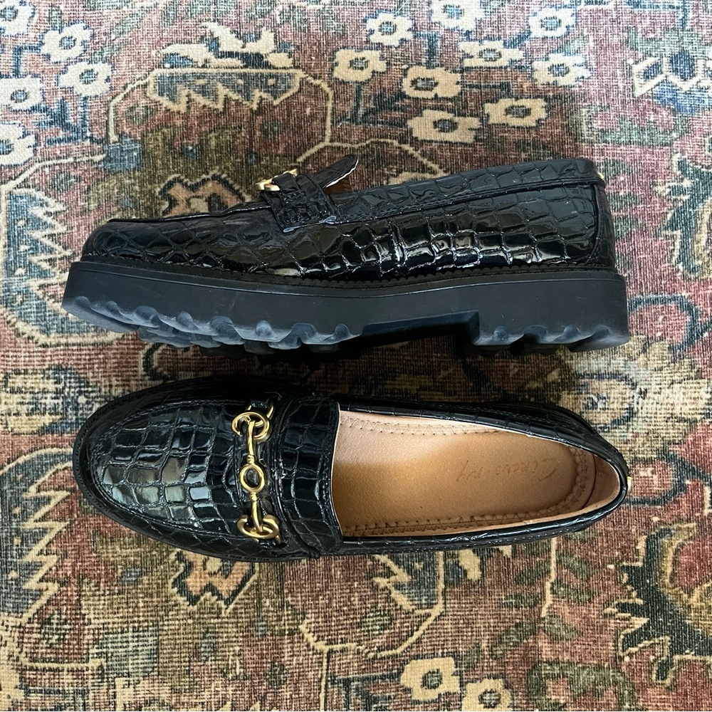 Sam Edelman Circus NY Black Crocodile Gold Horsebit Lug Sole Loafers